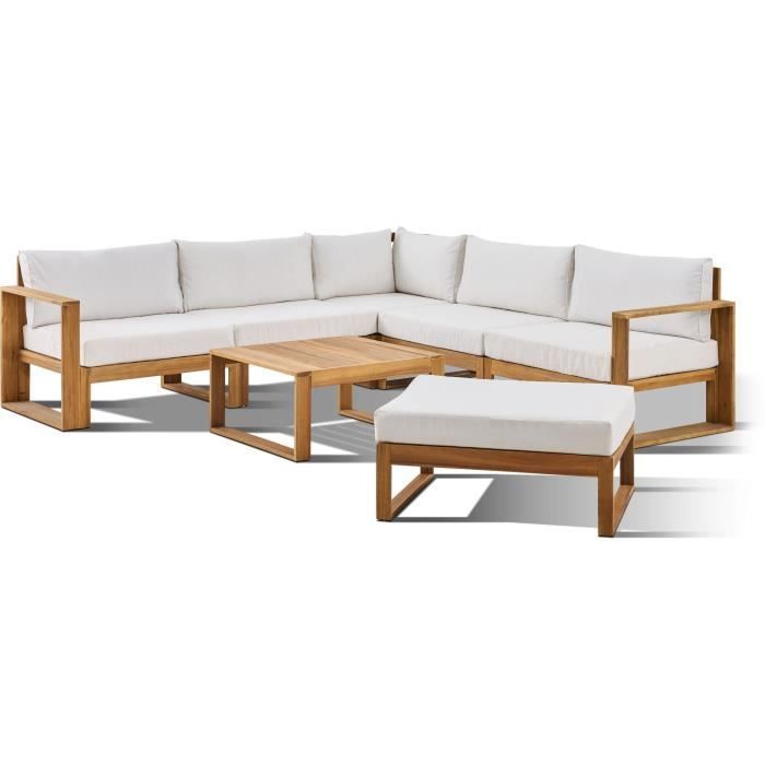 Conjunto modular de jardín esquinero LEVATA XL - Madera de acacia con certificación FSC - 8 plazas - Color blanco roto + Funda incluida