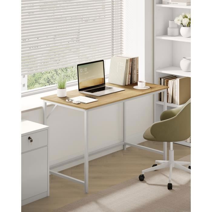 Bureau, voor kantoor of slaapkamer, 60 x 120 x 76 cm, moderne stijl, metalen frame, naturel eikenhout en parelwit