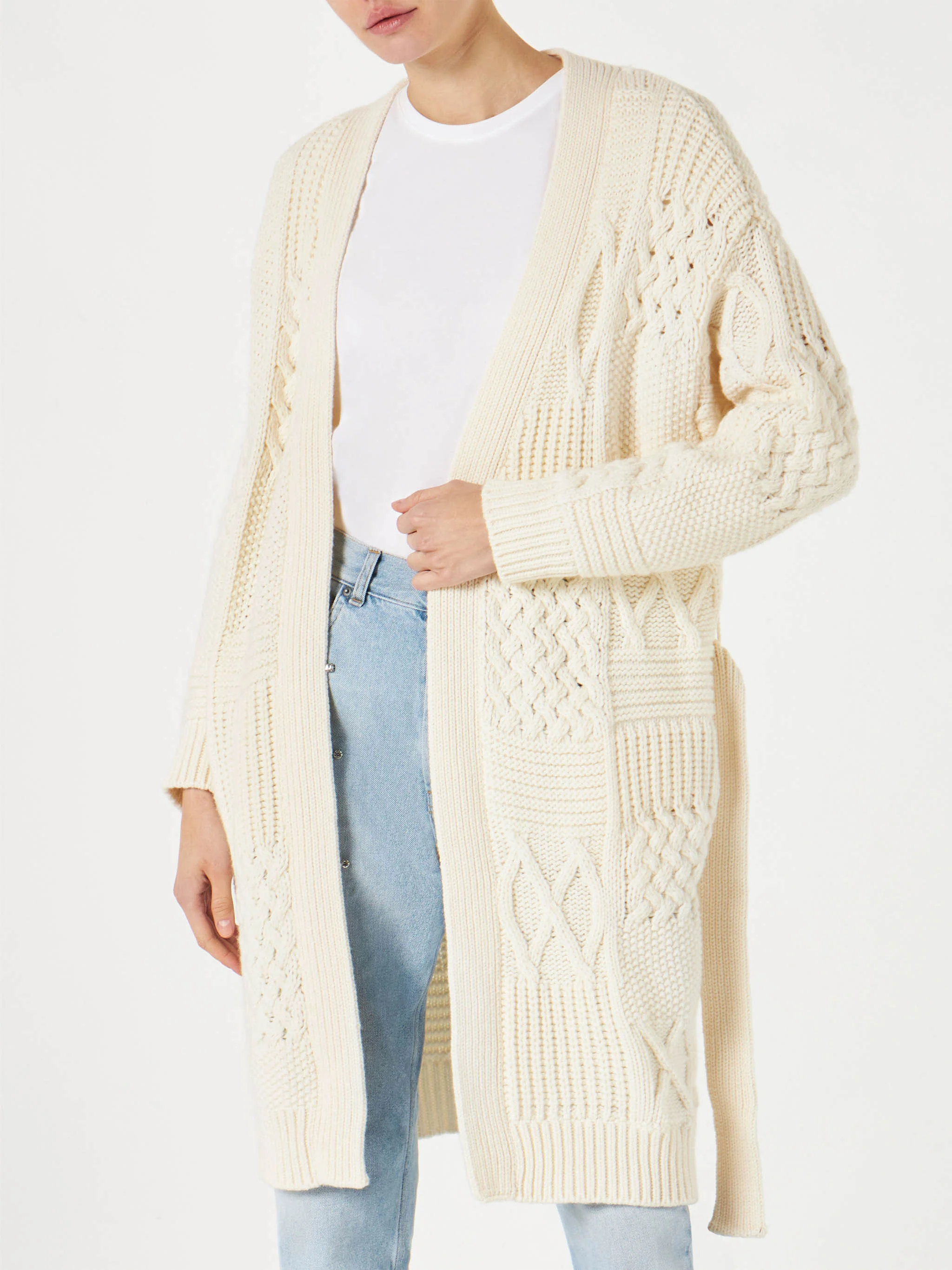 Maxi cardigan til kvinder med broderi og bælte