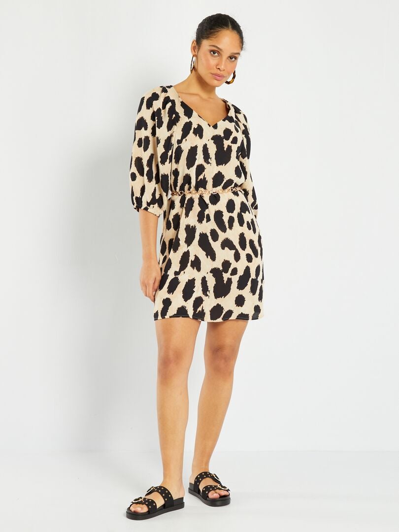 Jurk met pofmouwen en stippenprint - BRUIN