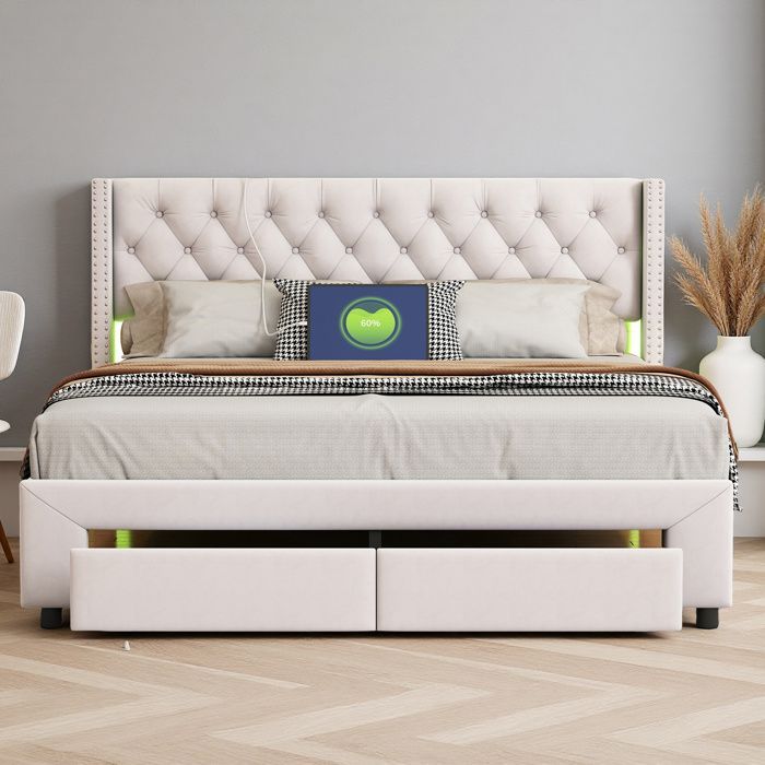 Lit 140x190 cm - COZY - LED - tissu en velours - sommier - tiroir - cadre de lit double 140x190 cm - beige