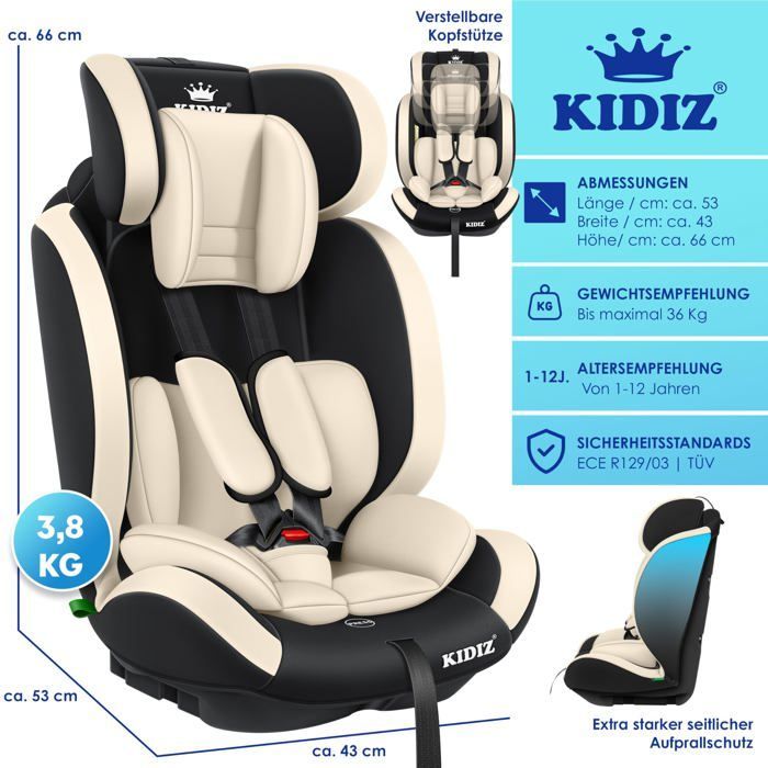 Seggiolino auto KIDIZ® per bambini e neonati da 9 a 36 kg, gruppo 1+2+3, cintura di sicurezza a 5 punti, poggiatesta regolabile e convertibile, beige.