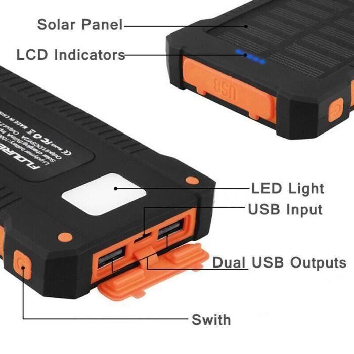 Batterie solaire portable Kaide®50000mAh - Orange - 2USB - Lampe LED étanche