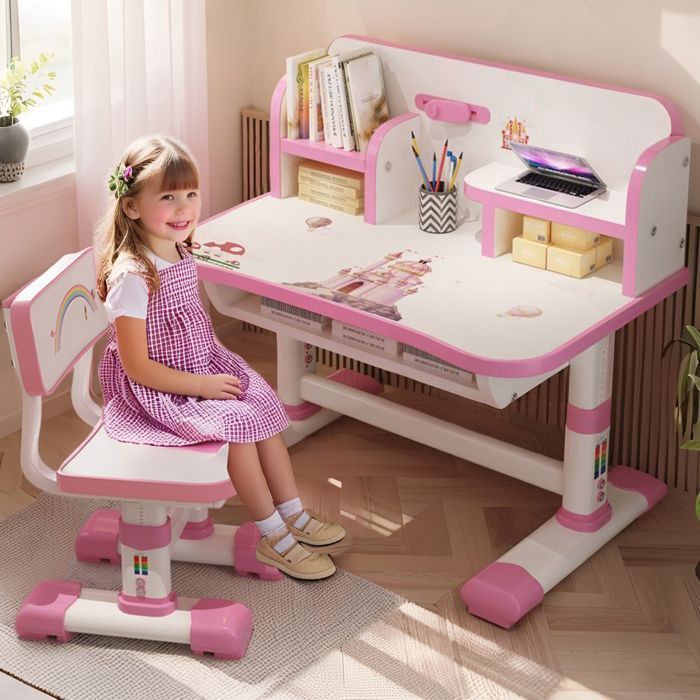 Conjunto de escritorio infantil ajustable - Tablero inclinable ensanchado - Cajón de almacenamiento y diseño de dibujos animados