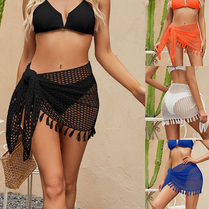 Falda de capas con flecos, encaje y punto, diseño asimétrico ligero para verano, color naranja.