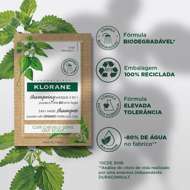 Klorane Nettle & Clay 2-i-1-maske-sjampo, økologisk neslepulver, for fett hår, 150 ml