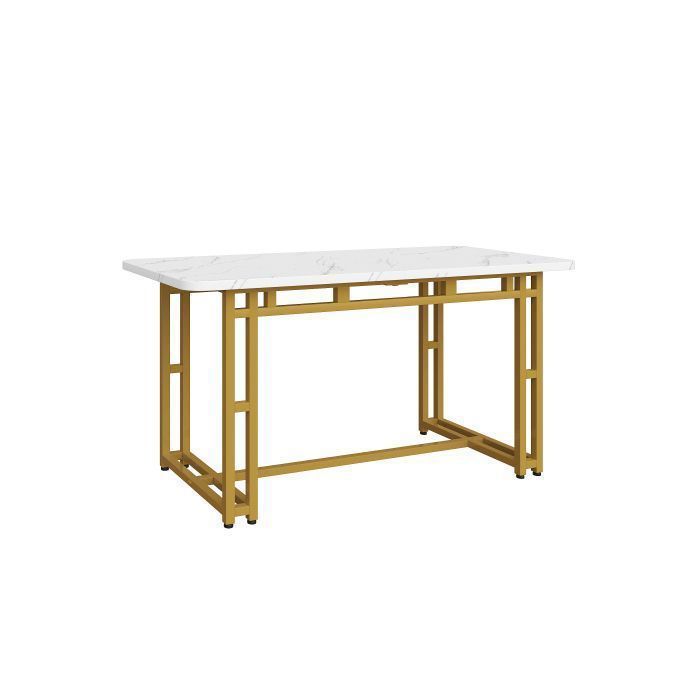 Mesa de comedor rectangular, 120x70x74cm, estilo escandinavo, mesa de cocina, tablero de MDF con aspecto de madera, patas de metal, blanco/dorado