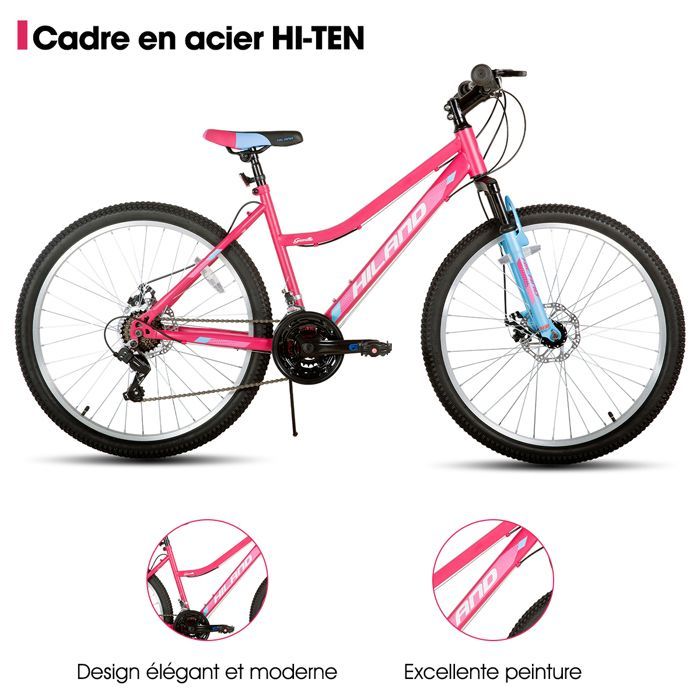 HILAND Women's Mountain Bike, 26-inch, with Front and Rear Disc Brakes, 18 Speeds and Suspension Fork - Pink