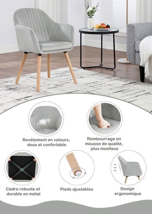 Sillas de comedor - WOLTU - Gris claro - Juego de 6 - Reposabrazos - Patas de madera maciza
