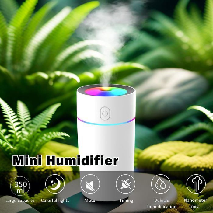 Humidificador de dormitorio, mini portátil con luces de 7 colores, humidificador de escritorio con apagado automático, blanco.