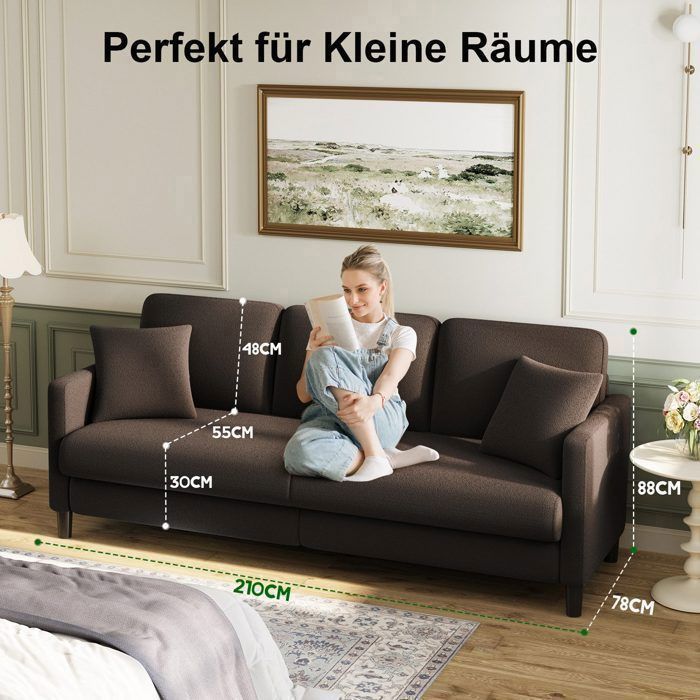 Sofá grande de 3 lugares em veludo marrom estilo Teddy com 3 almofadas e 2 travesseiros, sofá em estilo escandinavo para sala de estar e quarto.