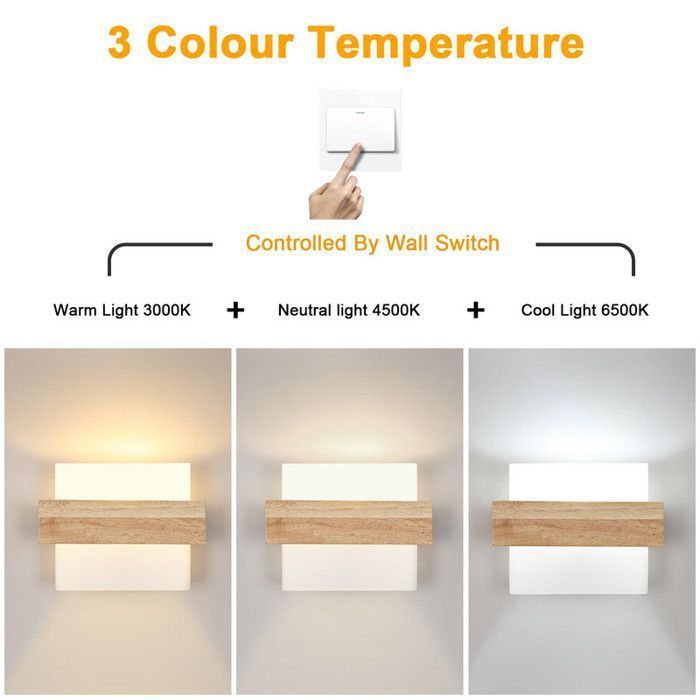 DELIPOP Applique Murale Vintage - Bois Naturel et Métal - Éclairage LED 12W - 3 Températures de Couleur - 3000K/4000K/6500K