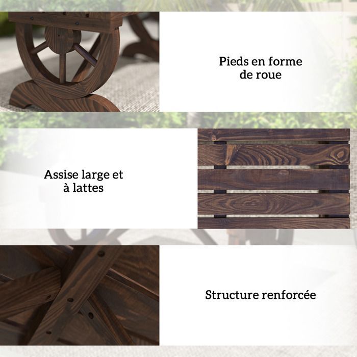 Wooden garden bench - Outsunny - slatted seat, decorative wheel - for patio, terrace, balcony, backyard - brown