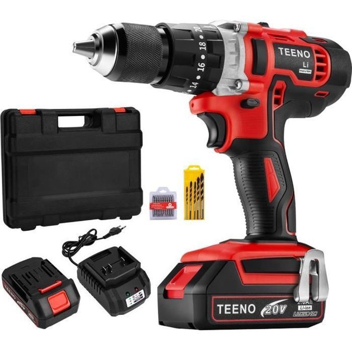TEENO® Perceuse visseuse à percussion plus avec 2 batteries 20V 2,0 Ah Li-ion à Mandrin automatique 13mm