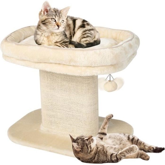 COSTWAY Arbre à Chat en Forme de Tour 50CM-Lit Grand Perchoir en Peluche-Pompons Suspendus-Tour à Gratter en Sisal pour
