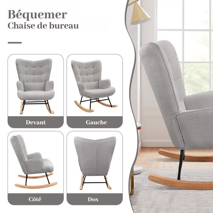 Fauteuil à Bascule, Fauteuil à Oreilles Rembourré, Chaise Relaxante, Pieds en Métal et en Bois Massif, Gris clair