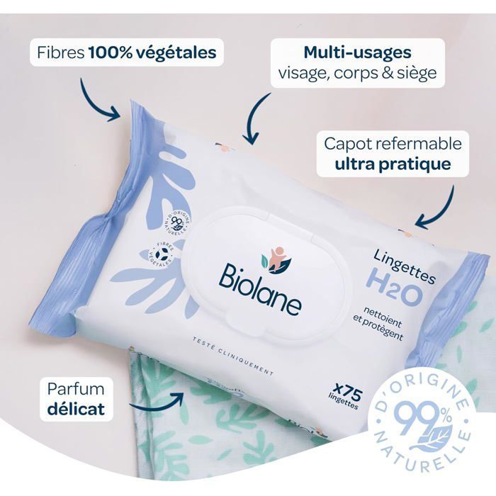BIOLANE – Baby-Feuchttücher mit Wasser – 450 Tücher – 6er-Packung à 75 Tücher – Sanfte und effektive Reinigung – Kein Abspülen erforderlich