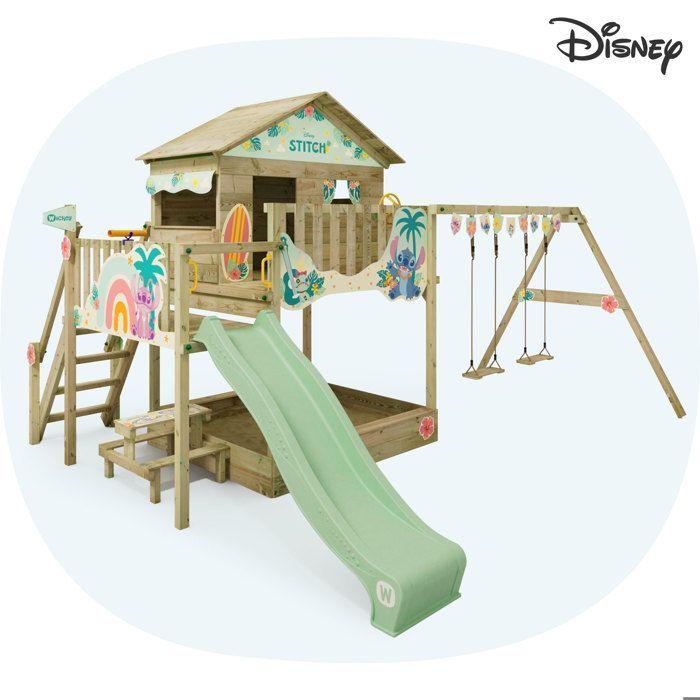Aire de jeux WICKEY Disney Quest Lilo et Stitch – Toboggan 220 cm, balançoire & mur d’escalade – Garantie 10 ans*