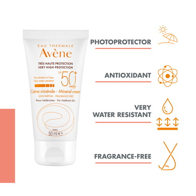 Avène Sun Care Mineral Cream Hajusteeton SPF50 Aurinkosuojavoide mineraalivoide reagoivalle iholle 50ml