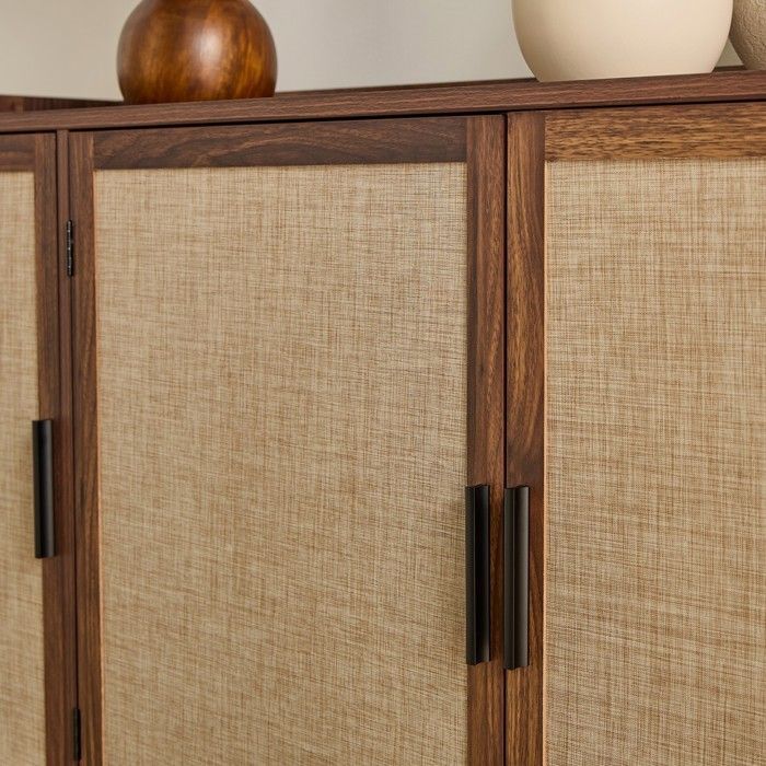 CALICOSY - Buffet 3 portes décor noyer avec façades en tissu  L140 cm - JETSON - Bois foncé