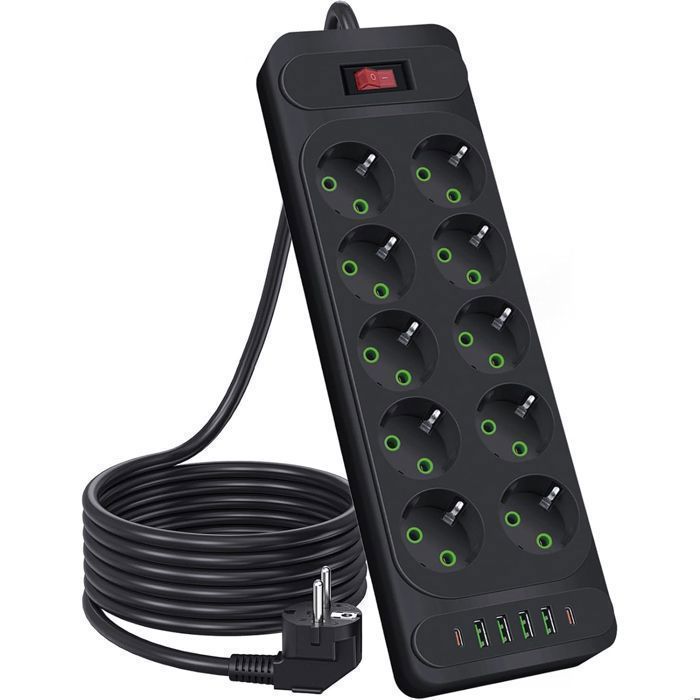 Regleta con interruptor, 10 tomas de corriente, 2500W, con 2 puertos USB-C, 4 puertos USB-A, cable de 2M, para el hogar y la oficina.