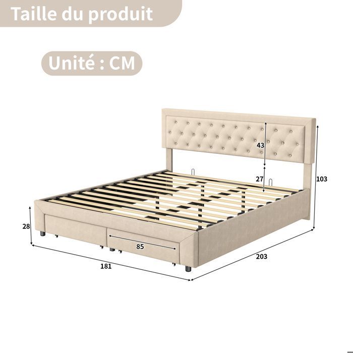 Lit coffre - BLANKETSWARM - 180x200 - Velours beige - 2 tiroirs - Style Scandinave moderne