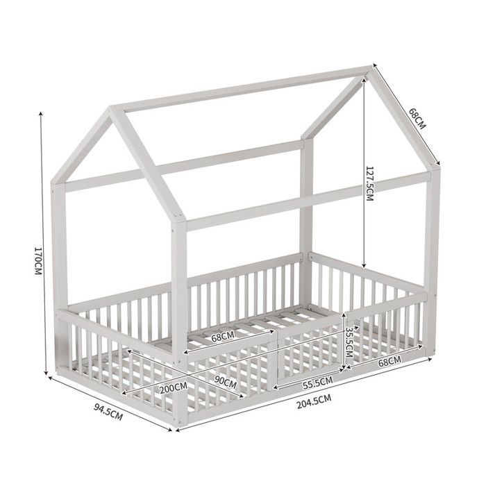 Cama infantil tipo cabaña de madera maciza MODERNLUXE - Blanca - 90x200cm - Puerta de seguridad