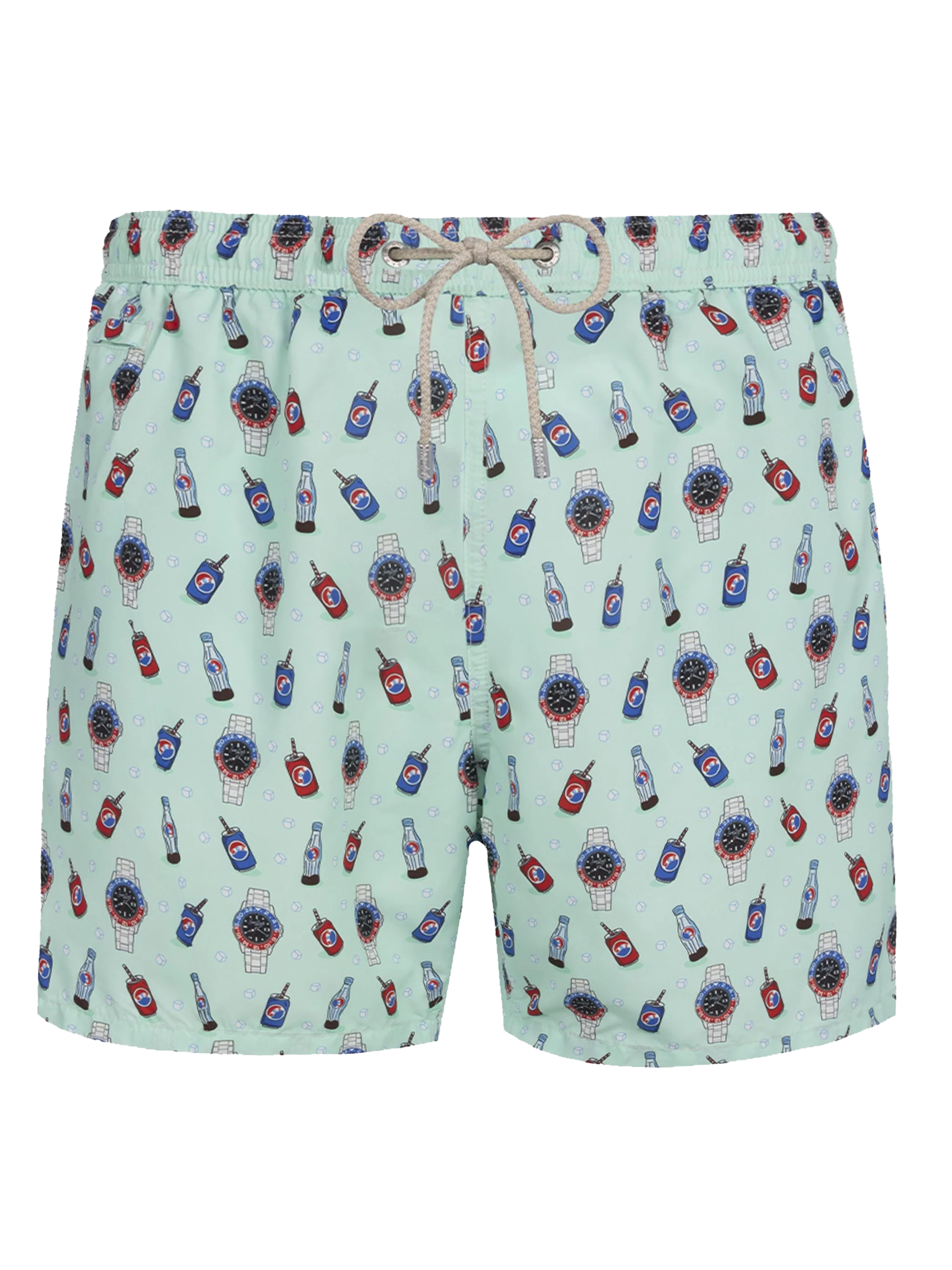 Man Lighting Mid-Length Swim Shorts | Watches & Drink All-Over Print | Sage Green Backcloth | Lightweight, Quick Drying | MC2 Saint Barth