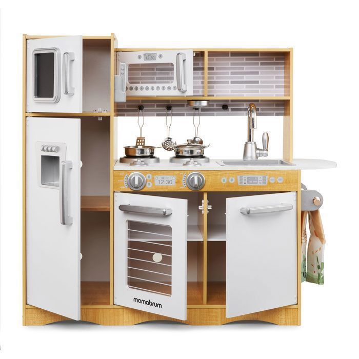 Cocina de juguete de madera con luces LED Mamabrum para niños, 93x30x83 cm - con nevera, microondas, vitrocerámica, utensilios y delantal - para niños de 3 años en adelante