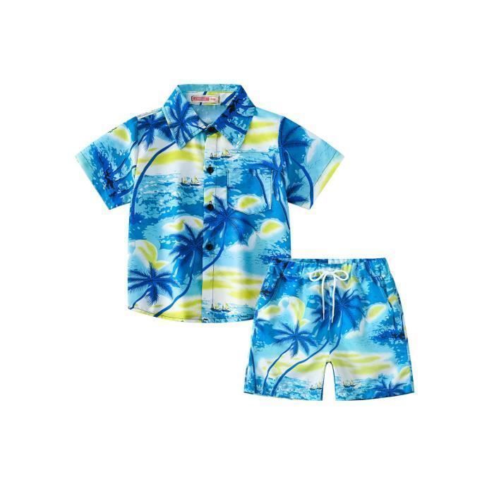 Hawaiian Short-Sleeve Shirt and Beach Shorts Set with Elastic Waist, 2-Piece Summer Outfit for Boys - Blue