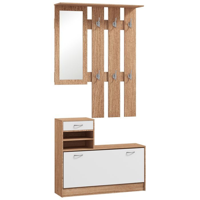 Garderobenschrank mit Wandpaneel, Spiegel und Schuhbank – 6 Haken und verstellbarer Einlegeboden