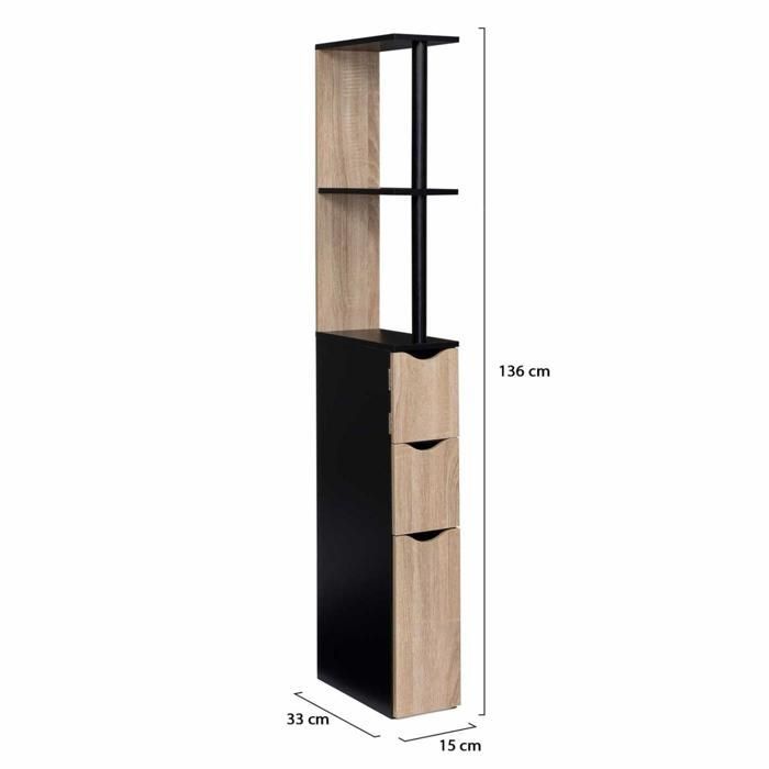 IDMARKET WILLY 3-Door Bathroom Cabinet with Shelf, Black and Beech Wood