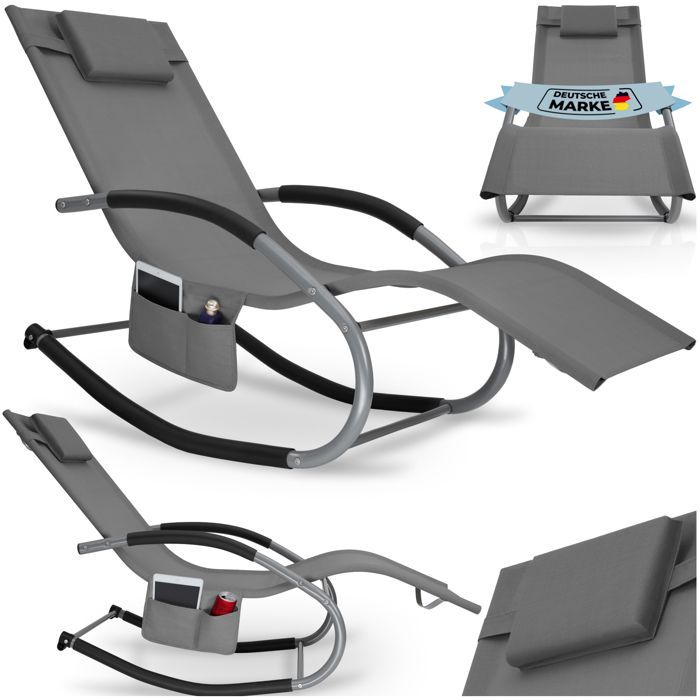 Chaise longue - TECTAKE - Fauteuil détente de jardin TAYA ergonomique avec fonction de balancement et accoudoirs incurvés - Gris