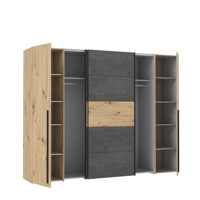 Wardrobe - Artisan oak and grey concrete finish - 2 hinged doors + 2 sliding doors - W 270.3 x D 61.2 x H 210 cm - NARAGO