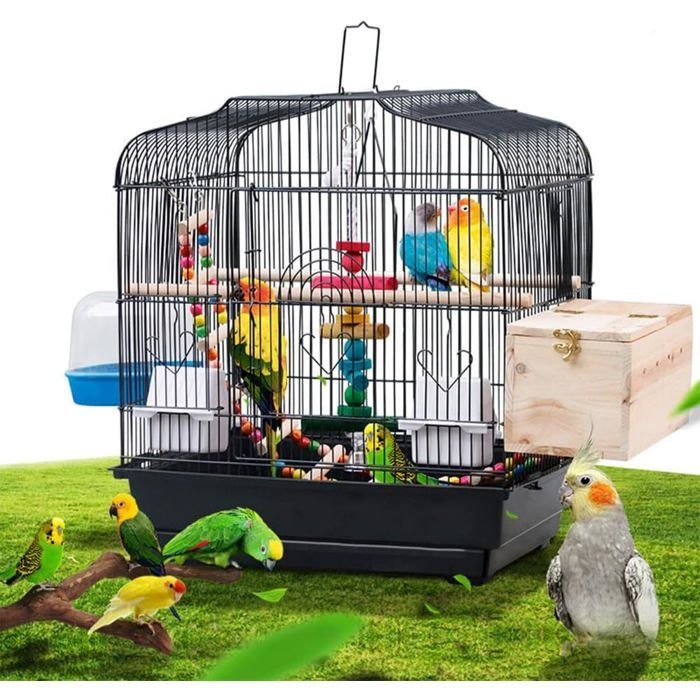 Bird Aviary Cage for Canaries, Parakeets, Cockatoos, Macaws - Metal - 48x48x17cm - Black