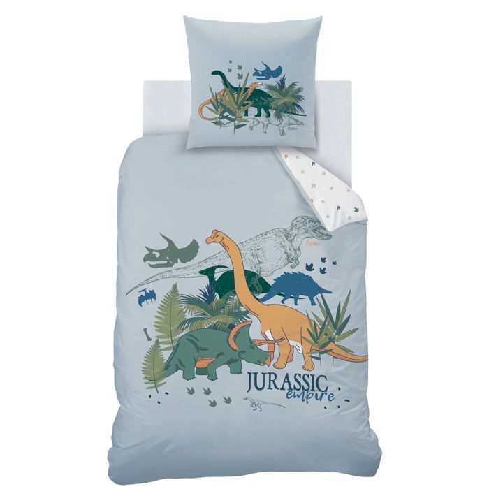 Parure de lit enfant 100% coton - MATT & ROSE - DINO JUNGLE - Gris/blanc - 140x200+63x63cm