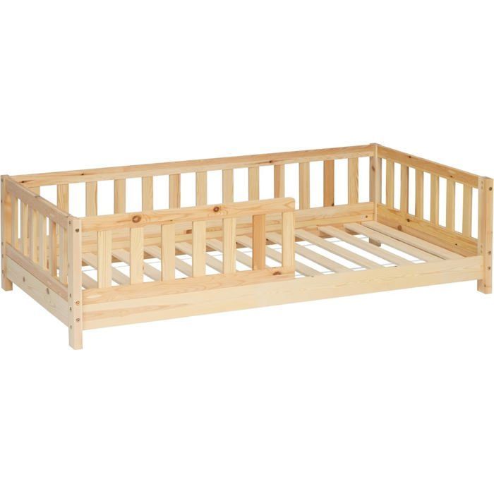 Cama Montessori WEB2O 90x190 cm em madeira natural com grades de proteção castanhas.