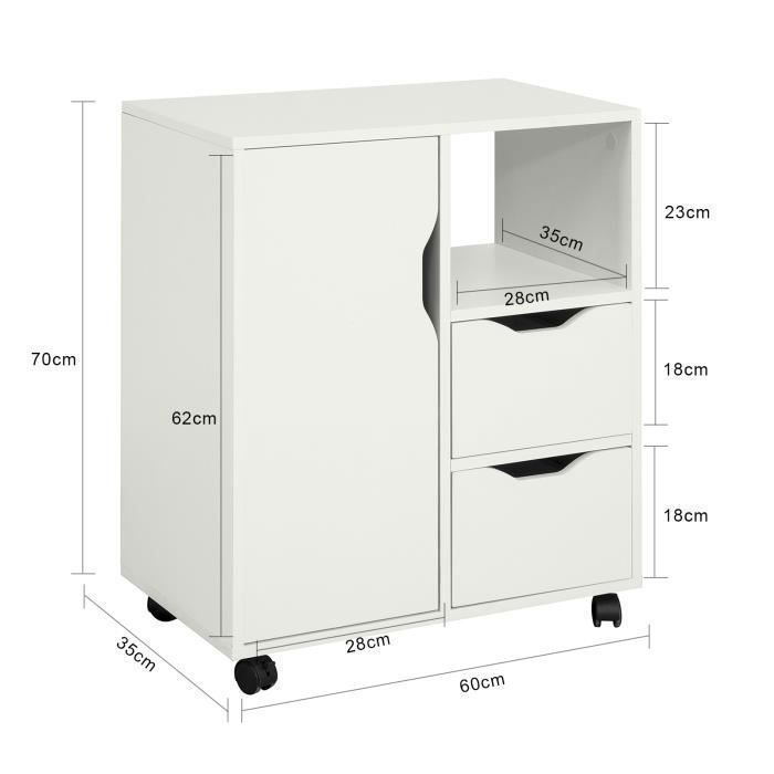 Soporte para impresora SoBuy con ruedas, armario de oficina móvil con 2 cajones, compartimento abierto, blanco, 60x35x70 cm