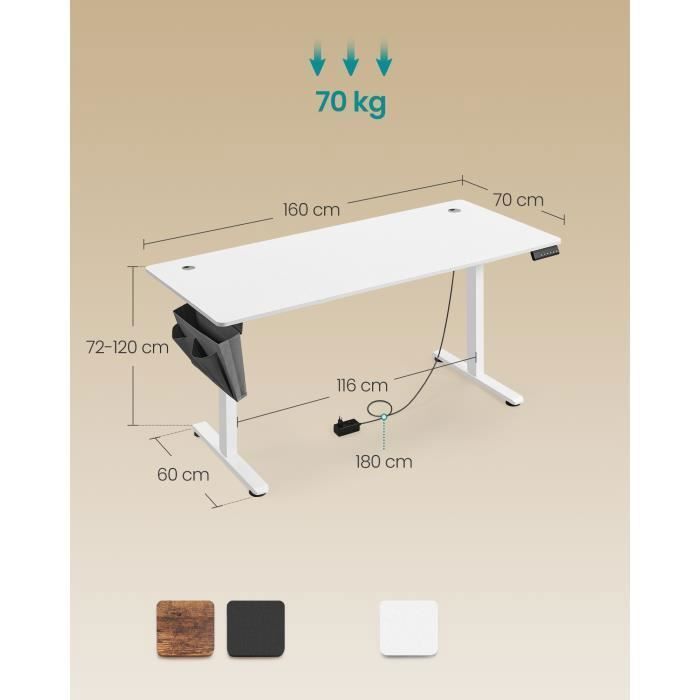 Bureau Électrique Assis-Debout, 70 x 160 x (72-120) cm, 4 Hauteurs Mémorisables, Pochette de Rangement, Blanc Nuage