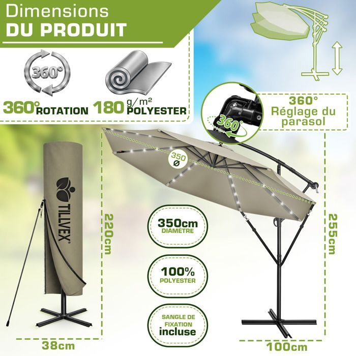 Sombrilla voladiza LED tillvex® Ø 350 cm Marrón – 360°, protección UV UPF 50+ con manivela, funda y cortavientos, parasol con base