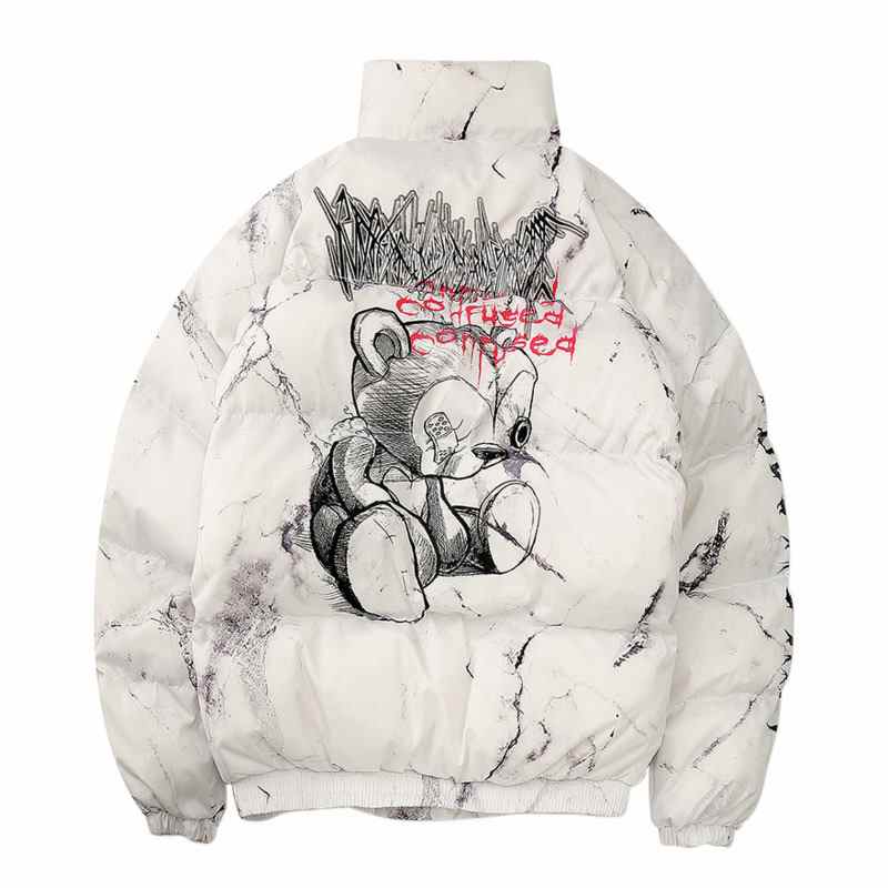 Hip Hop katoenen herenjas voor de winter met pandaprint, dik, warm, effen, ritssluiting, opstaande kraag, Harajuku, losse jas