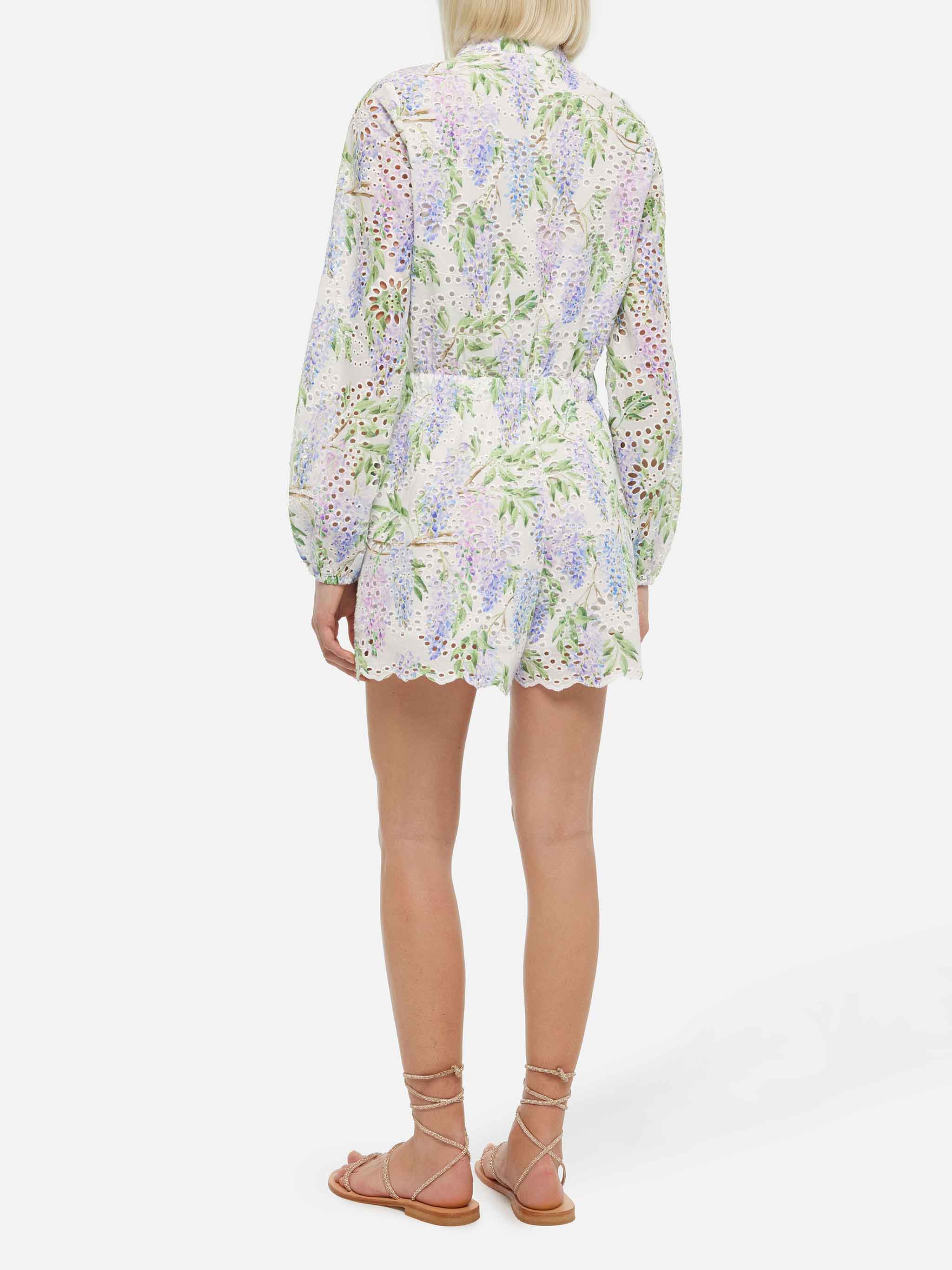 Julian korte jumpsuit van Sangallo kant en katoen met bloemenprint.