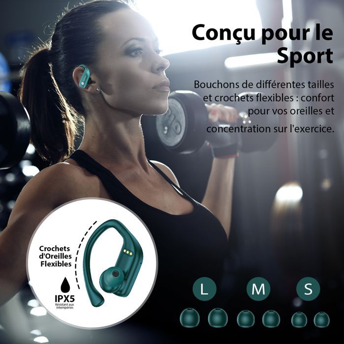 Écouteur Sans Fil Sportif VEATOOL Écouteur Bluetooth 5.1 Étanche IPX5 Son Stéréo Autonomie 48h Micro Intégré Vert