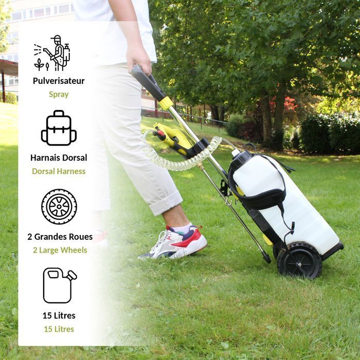 FISHTEC 16L Elektro-Sprühgerät auf Rädern und mit Rückentragefunktion, wiederaufladbarem Akku, 40 cm Lanze, Garten/Dach