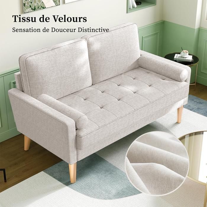 Sofá de 2 plazas en tela beige, 121 x 77 x 87 cm, estilo escandinavo, con 2 cojines y patas de madera.