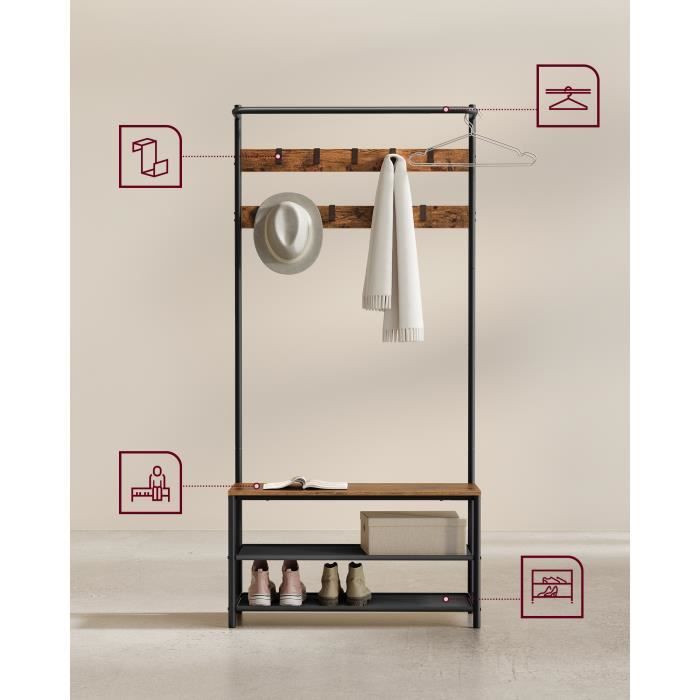 Set di mobili da ingresso VASAGLE con panca e scarpiera, 9 ganci rimovibili, asta appendiabiti, 32,2 x 84 x 180 cm, marrone e nero