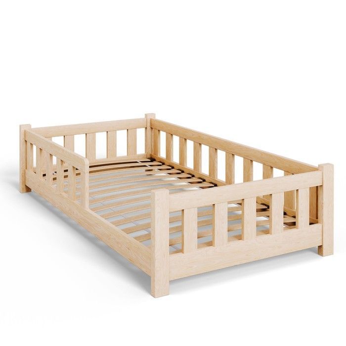Cama infantil Montessori PINI de 80x160 cm en madera natural con barandilla de seguridad — Base de lamas, madera maciza de pino