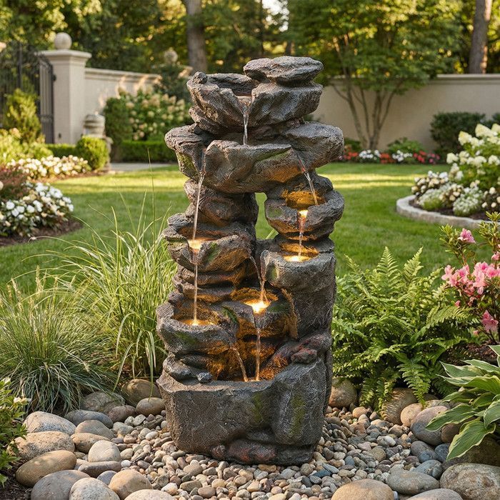 Fuente de jardín con iluminación LED - Aspecto de piedra natural - Bomba de agua integrada - Iluminación LED - 46x36x90 cm
