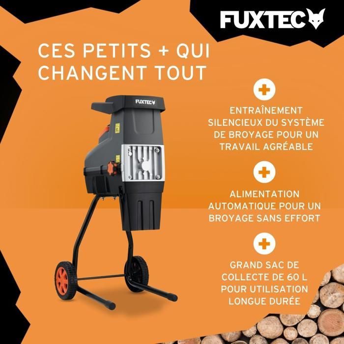 Broyeur de végétaux électrique FUXTEC FX-EGH2800T - 2800W rouleaux silencieux 92 dB, bac toile 60L, coupe branches Ø44mm