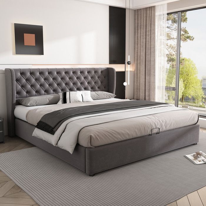 Cama doble tapizada en terciopelo con forma de oreja, 180 x 200 cm, con somier de láminas y espacio de almacenamiento, color gris.